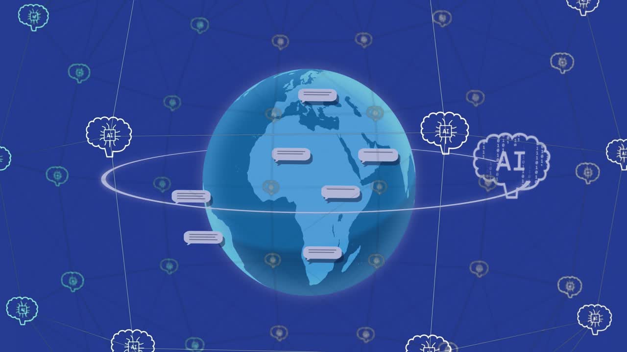 아이콘, 글로브 및 연결 네트워크로 데이터 처리의 애니메이션