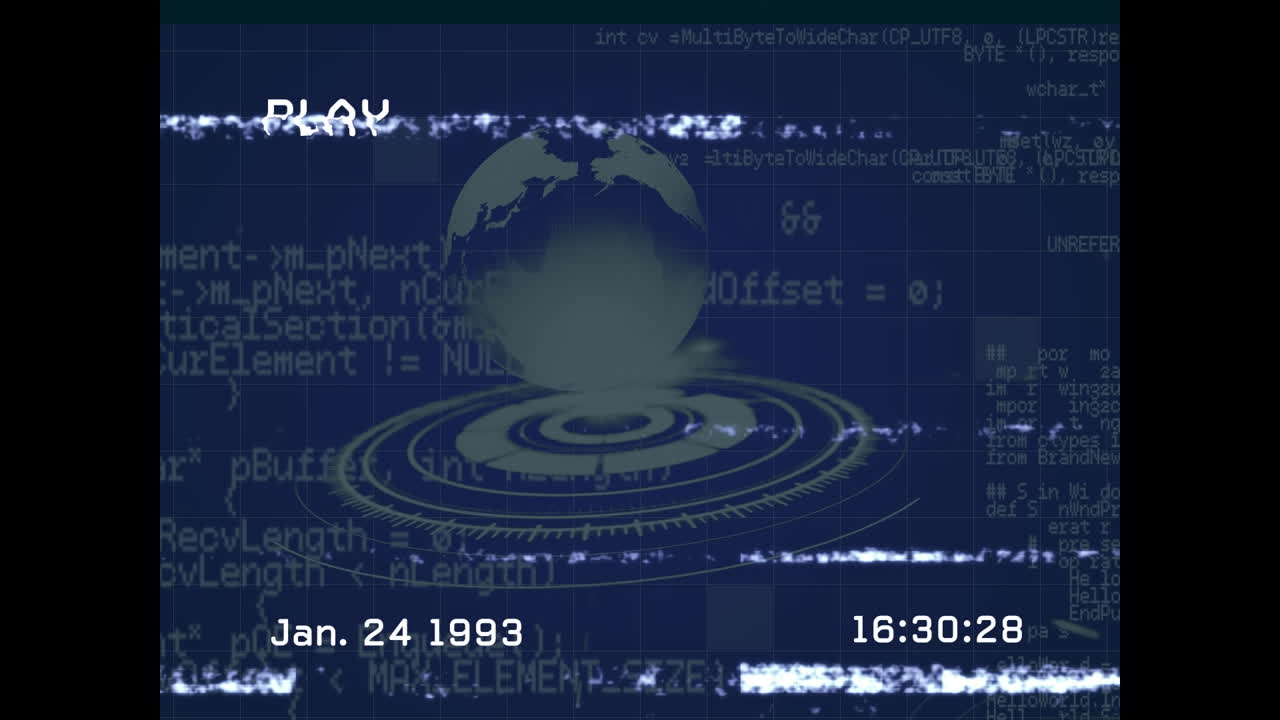 animación de la interfaz de juego en pantalla y procesamiento de datos y globo sobre fondo azul