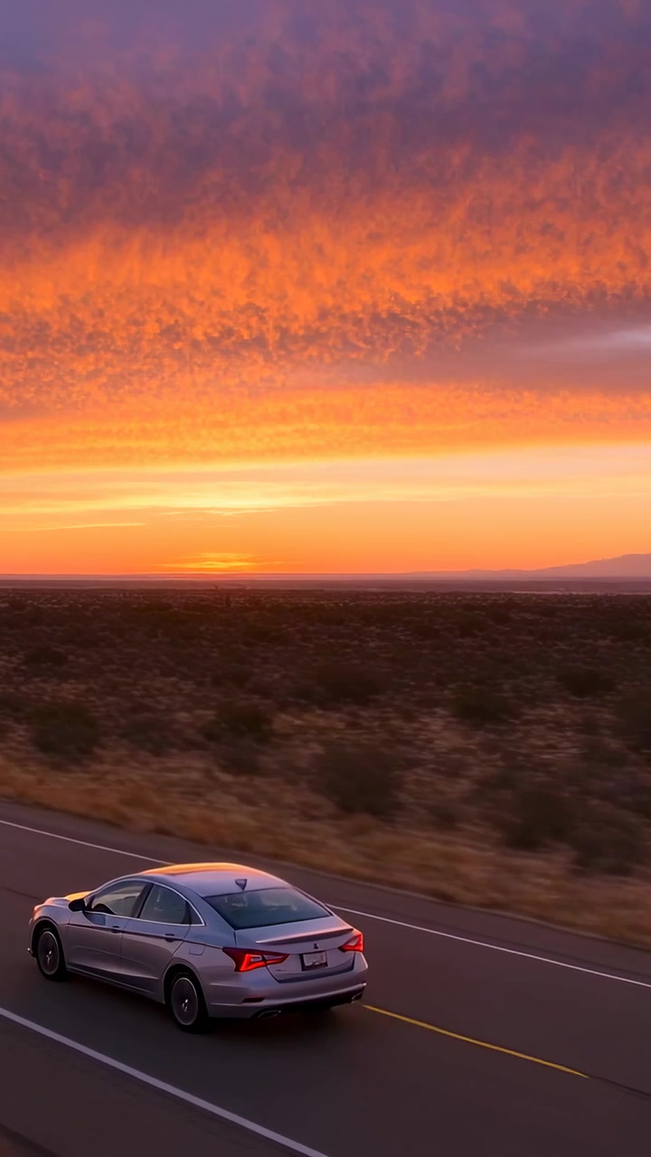 Video verticale: Guida di una berlina argentata lungo un'autostrada a due corsie al tramonto, telecamera che segue la parte posteriore sinistra