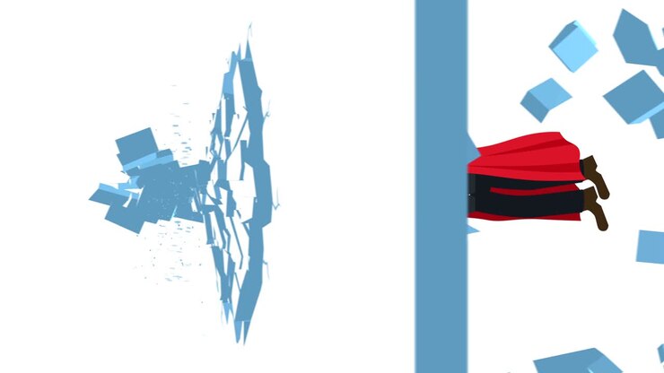 Uomo d'affari supereroe che rompe il muro. Concetto di libertà e sfida. Illustrazione in loop in stile piatto