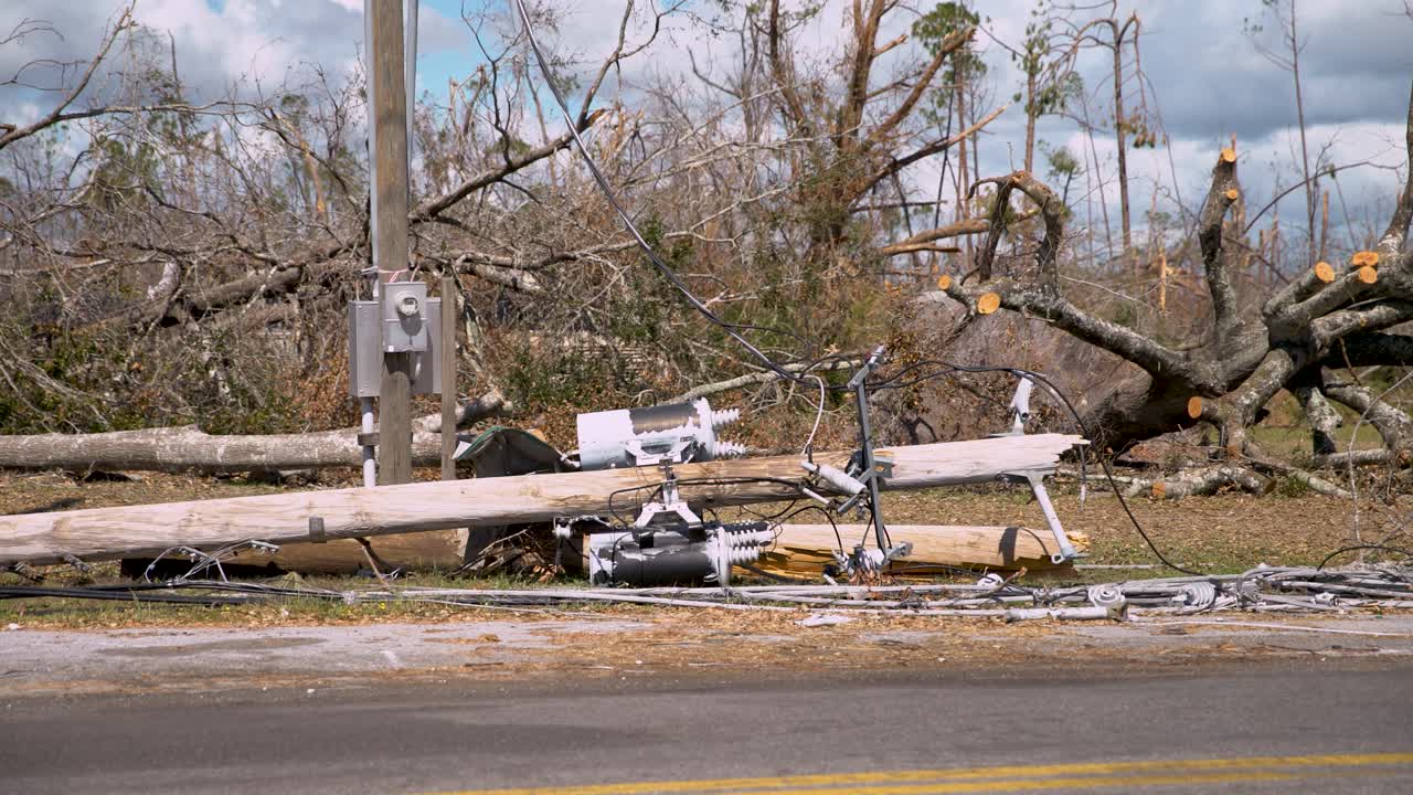 최근 허리케인 이후 대규모 전력 투표가 도로 옆에 놓여 있습니다.