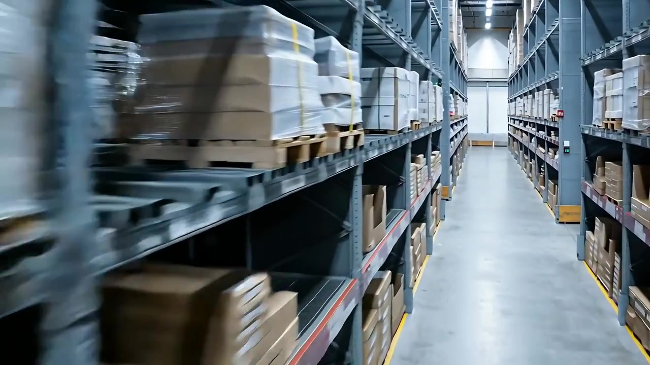 Telecamera in movimento su un carrello che avanza mostrando il corridoio centrale di un magazzino con scaffali metallici per l'inventario