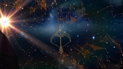 animation of horoscope symbol of sagittarius over shapes and stars