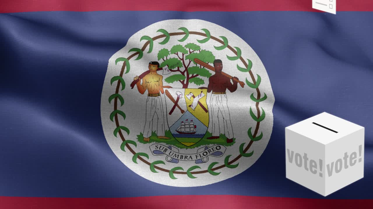 las papeletas de votación vuelan a la caja para la selección de belice - caja de votación delante de la bandera - elección - voto - bandera de belice (bandeira de belice) alto detalle - bandera nacional patrón de onda de belice elementos loopables - textura de tela y bucle sin fin