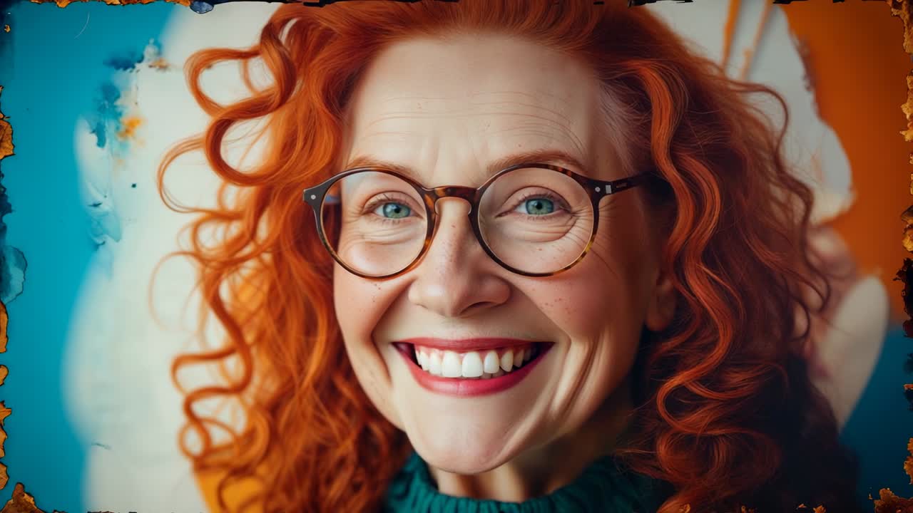 Responding to off-camera cue, Senior woman smiling tilting in portrait with tortoiseshell glasses
