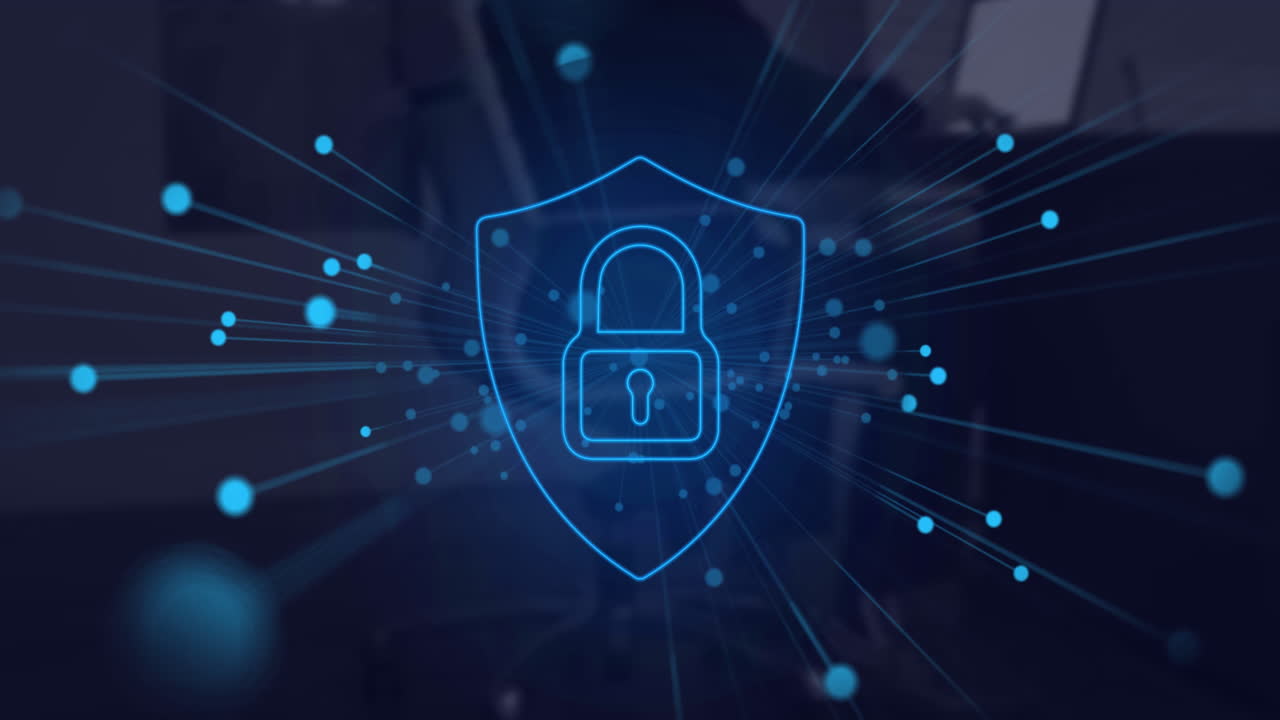 Animation of blue spots and security padlock icon on mid section of man sitting on a chair at office