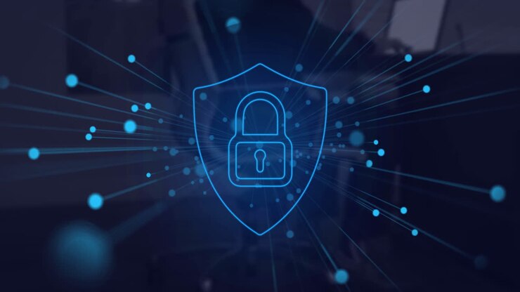 Animation of blue spots and security padlock icon on mid section of man sitting on a chair at office