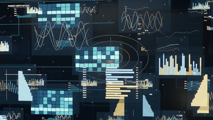 Responding to live data feed, data dashboard updating panels at control room, with mosaic heatmap