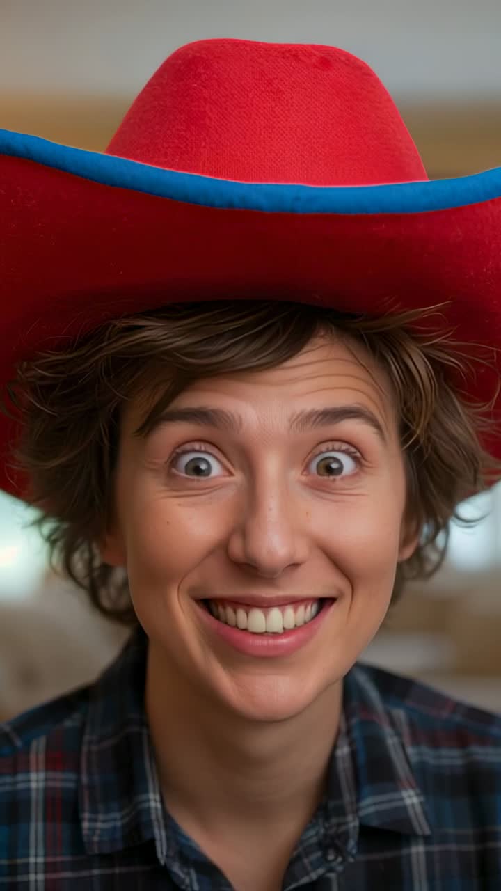 Vertical video: Shocking cue causing man wearing blue-trim red cowboy hat smiling in plaid at home