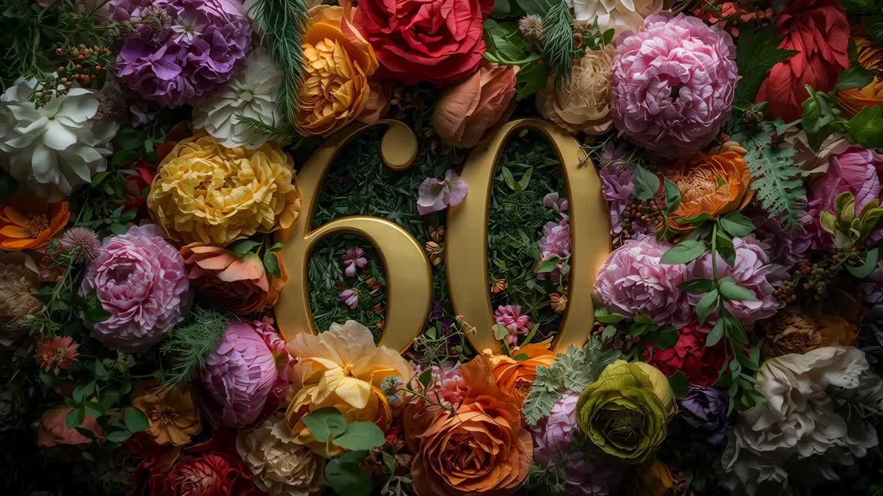 Lighting rising, causing camera zooming, highlighting gold 60 on moss backdrop with flowers