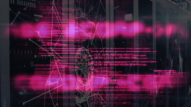 Geometric shapes and data lines animation over server racks in data center
