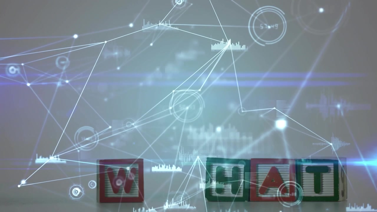Animation of connected dots, graphs icons and lens flare over what text in wooden cubes