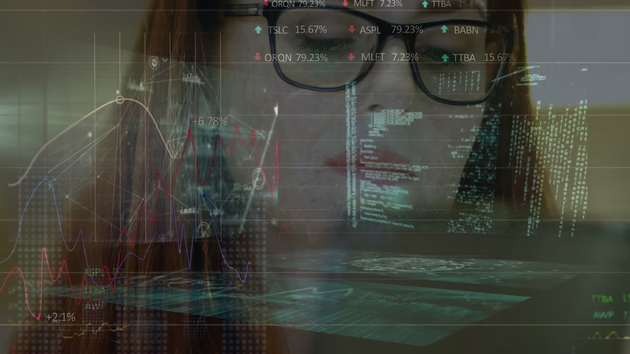 animación de datos financieros y estadísticas sobre la mujer caucásica usando tableta