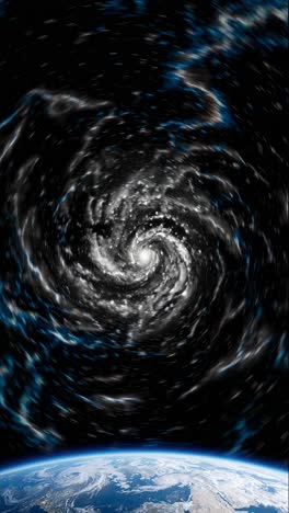 A cosmic spiral galaxy viewed from space, with Earth in the foreground