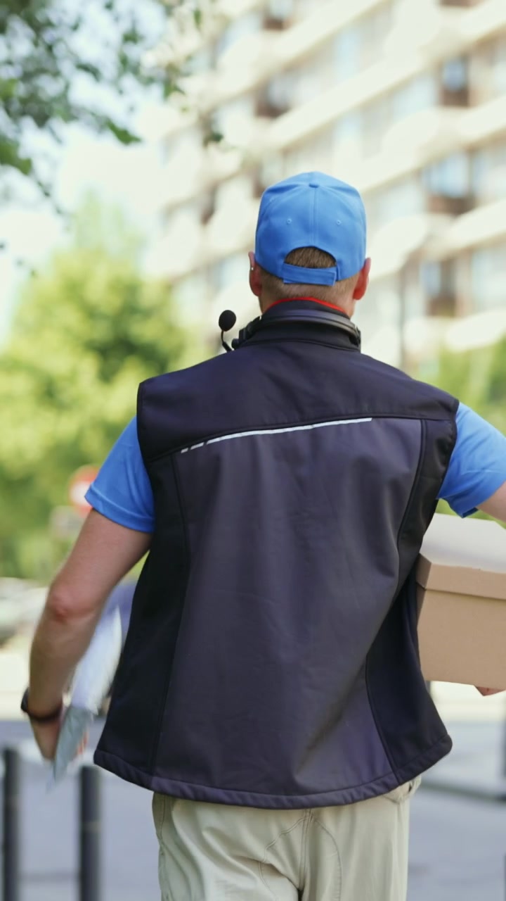 Delivery Person Walking Down City Street Carrying Package