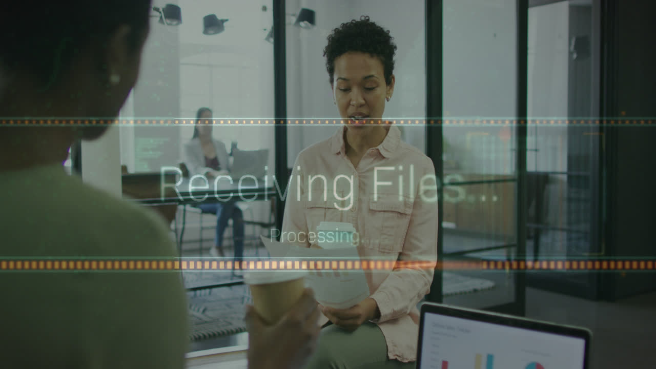 Animation of data processing over diverse business people in office