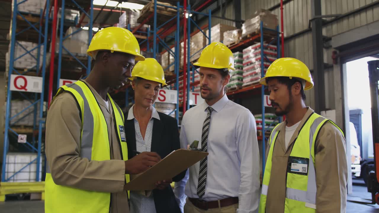 Two managers and two workers meeting in a warehouse 4k