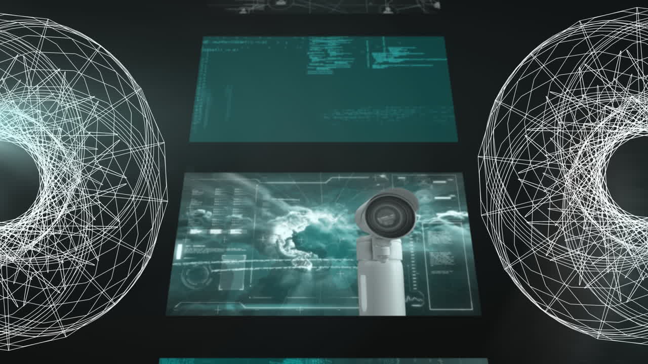 animación de escaneado de visores y procesamiento de datos en pantallas sobre fondo negro