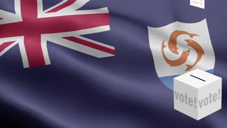 ballots fly to box for anguilla selection - ballot box in front of flag - election - vote - flag of anguilla - anguilla flag high detail - national flag anguilla wave pattern loopable elements - fabric texture and endless loop