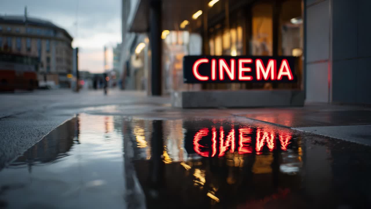 Riflessi di un'insegna al neon di un cinema sul selciato bagnato durante il crepuscolo, con luminose lettere rosse su uno sfondo di paesaggio urbano dall'atmosfera cupa