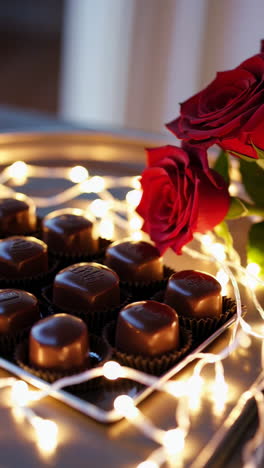 chocolate and roses under fairy lights