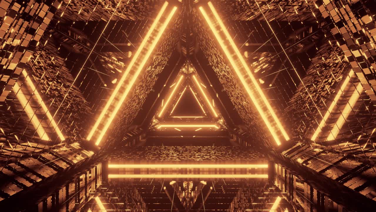 부유하고 황금빛 빛의 터널, 미래로의 여행, 3d