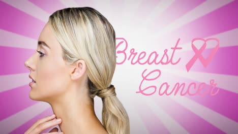 animation of pink ribbon logo with breast cancer text over young woman