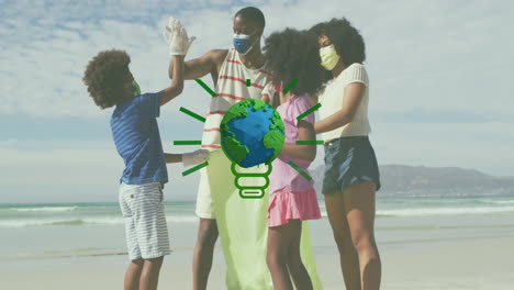 animación del globo sobre familia afroamericana con máscaras faciales recogiendo basura en la playa soleada