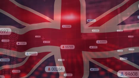 animación de procesamiento de datos financieros e iconos de redes sociales con números sobre la bandera de reino unido