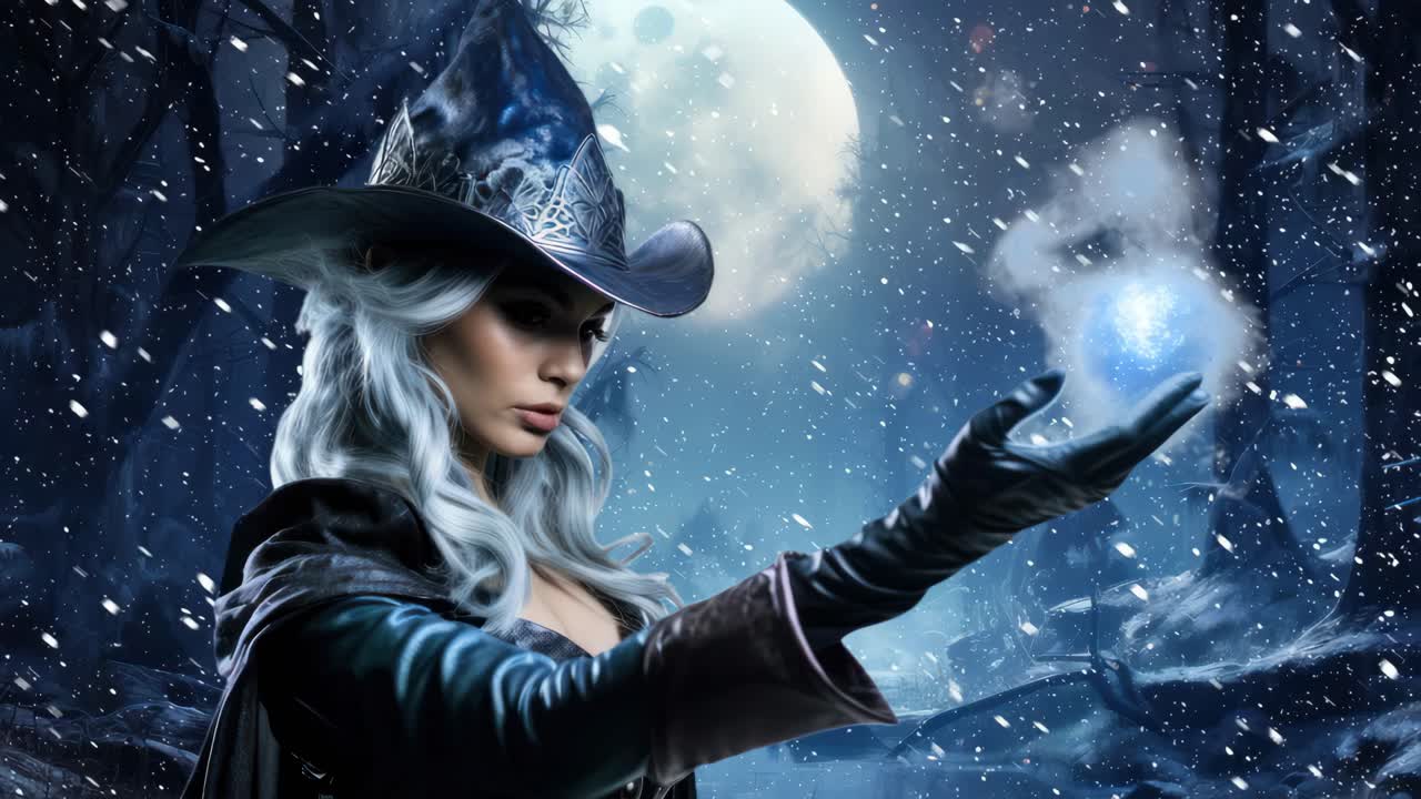 A mystical scene with a witch in a forest, captured from a side angle