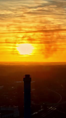 industrial chimney silhouette against bright orange sunset, aerial vertical view