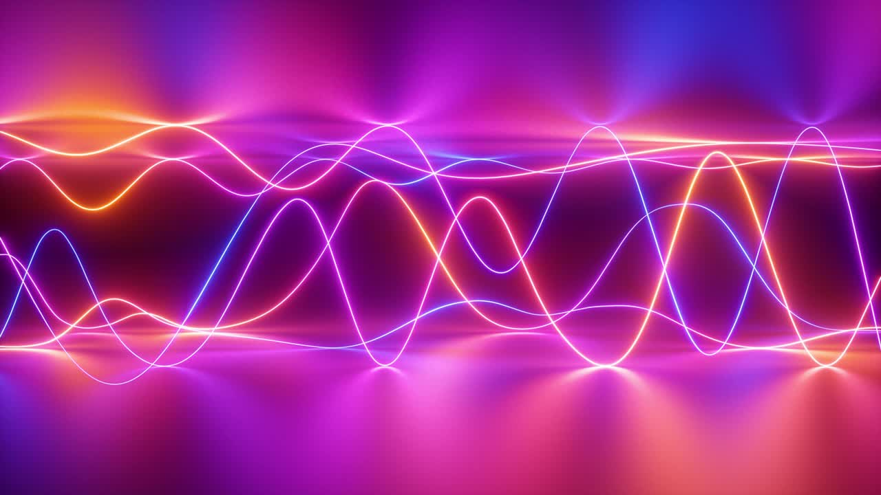 abstract neon wavy lines background, signal chart, equalizer, digital audio track, laser show, impulse power, energy, reflection, chaotic waves, looped animation