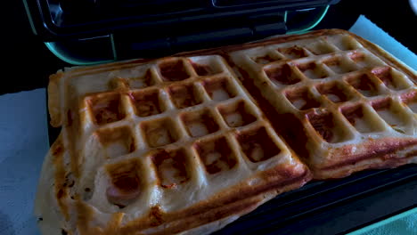 delicious waffles cooked in waffle maker in the kitchen - close up