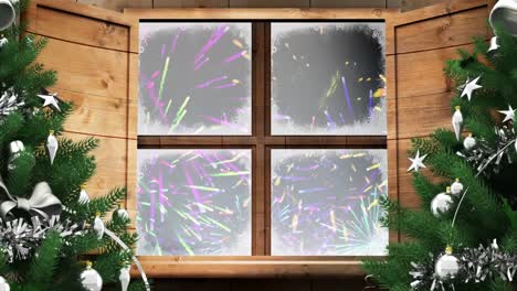 Digital-animation-of-christmas-tree-and-wooden-window-frame-against-fireworks-exploding