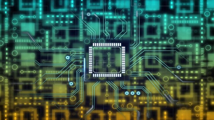 Receiving power, central chip brightening, sending glowing traces while nodes pulsing, showing data