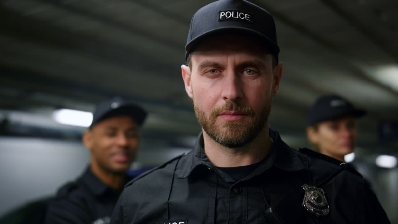 ⁇ 을 입은 경찰이 카메라에 포즈를 취하고 있다. 심각한 경찰이 카메라를 보고 있다.