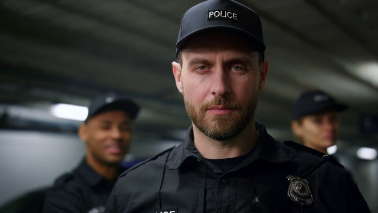 Policial de boné posando para a câmera. Oficial de polícia sério olhando para a câmera.