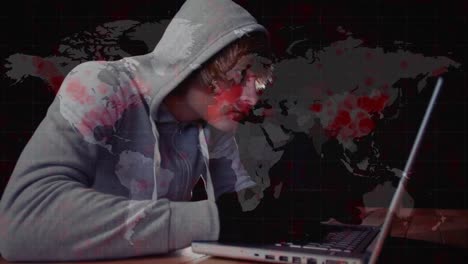 Animation-Der-Weltkarte-über-Hacker-Mit-Laptop