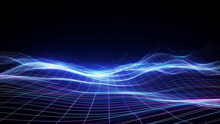 Increspature a forma d'onda al neon su griglia, linee blu elettrico formano un paesaggio digitale ondulato con frequenza luminosa.