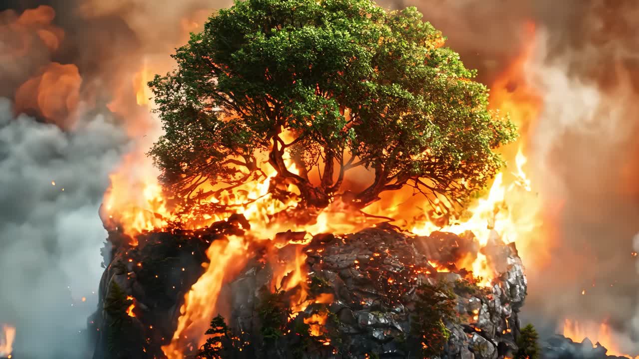 A tree is on a rock in a fire. The fire is very large and the tree is surrounded by it