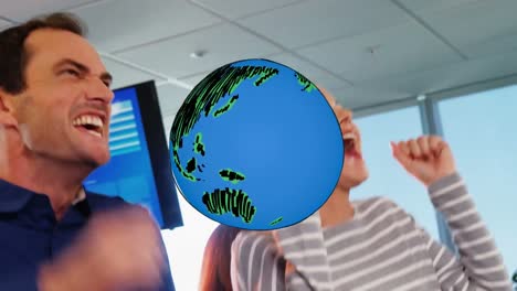 animation of drawn globe rotating over excited colleagues cheering at casual office meeting