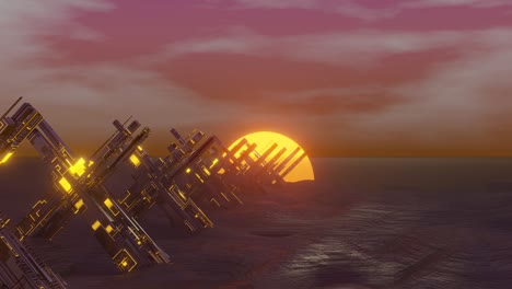 animación 4k 3d. ciencia ficción abstracta terreno alienígena de fondo con puesta de sol. cyberpunk, mundo cibernético