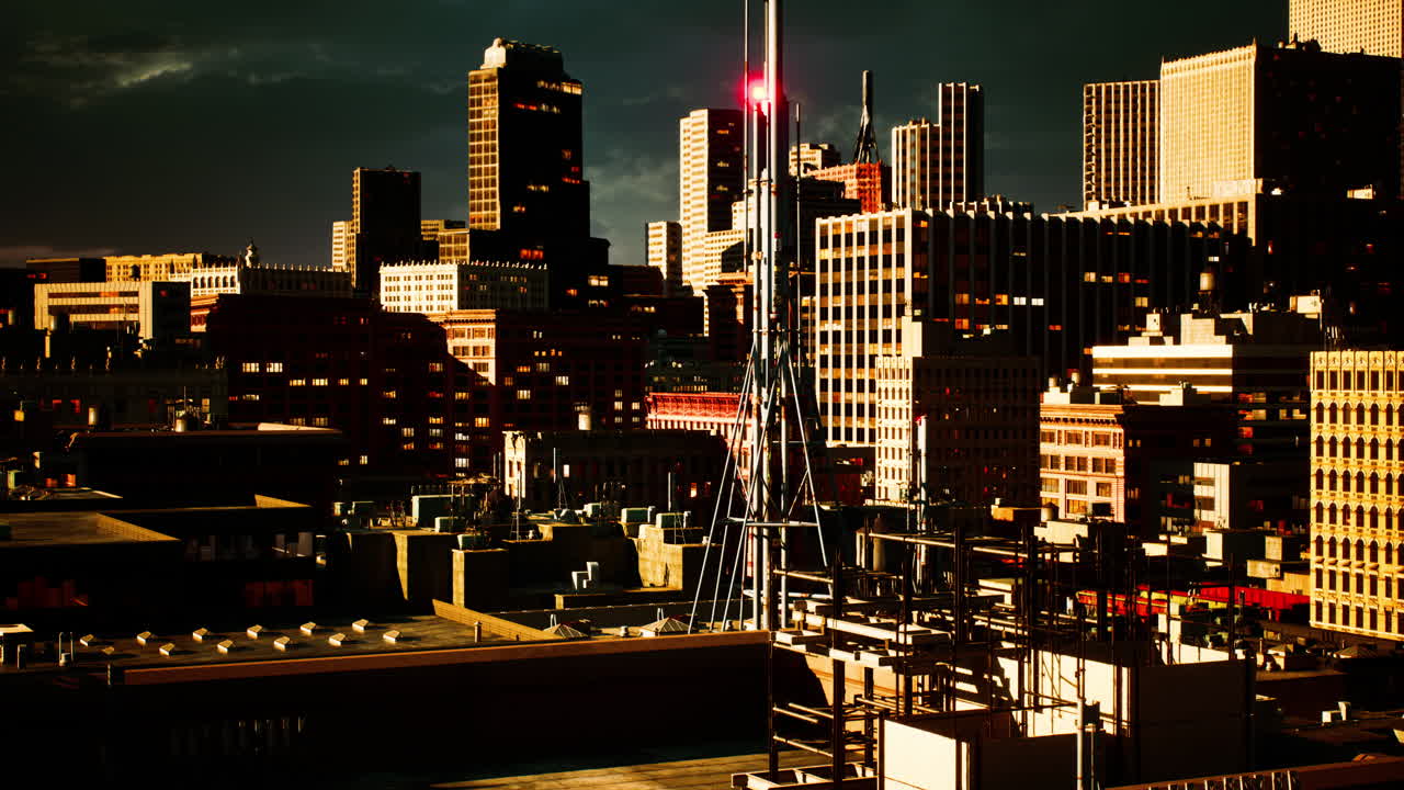 해가 뜨고 해가 지는 도시 풍경과 마천루와 산업적인 세부 사항