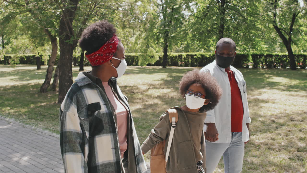 Happy African American Family in Face Masks Outdoors