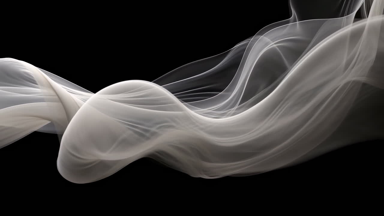 Onde di fumo bianco su sfondo nero, nastri setosi fluttuano al rallentatore creando forme astratte scultoree.