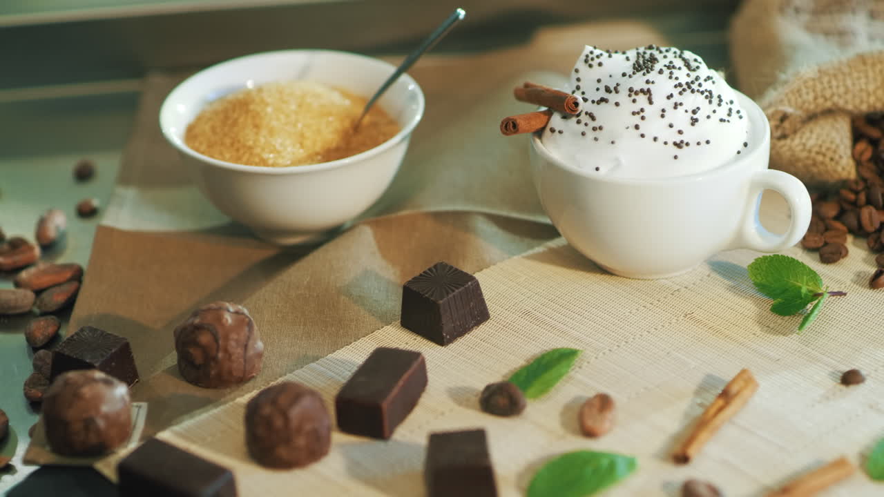 클로즈업 다른 과자 세트가 가방 표면에 남아 있습니다. 그 ⁇ 에 사탕수수 설탕.