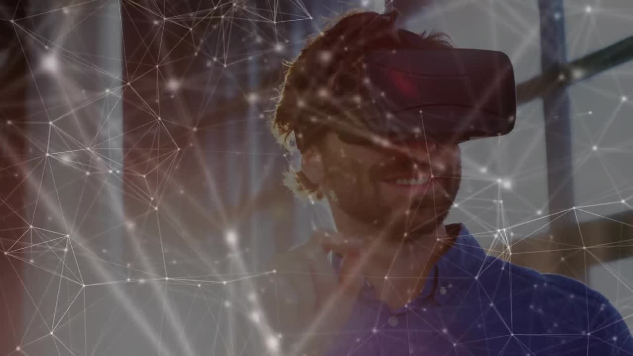 Animation of network of connections over businessman using vr headset