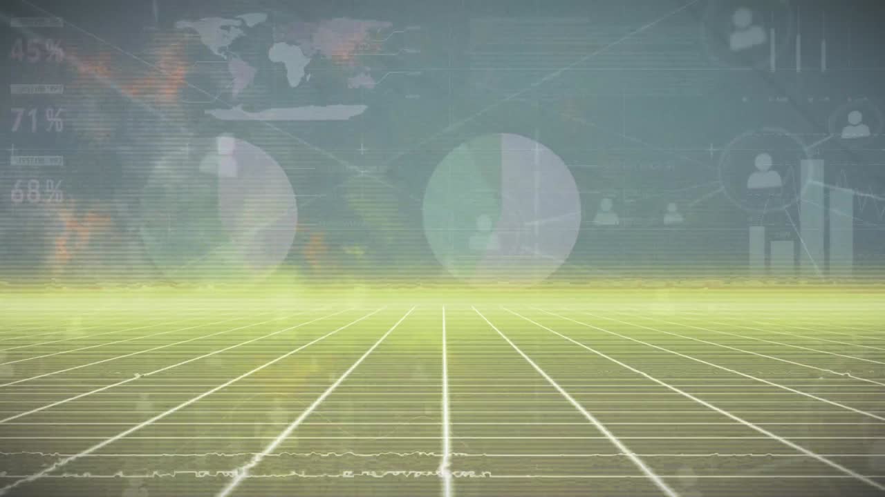 그리드 상의 아이콘으로 데이터 처리 및 연결 네트워크의 애니메이션