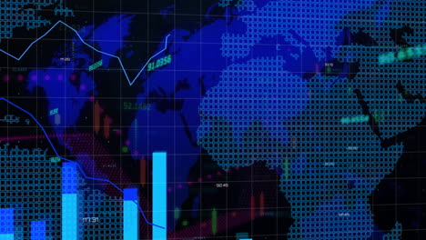 animation of multiple graphs with changing numbers over map against black background