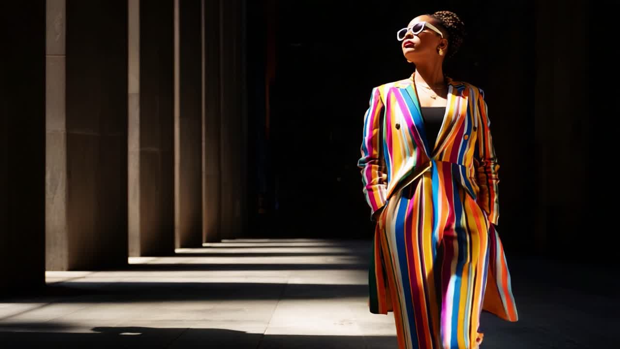 A confident individual in a vibrant striped suit exudes elegance and style while walking through a sunlit architectural space, showcasing a blend of fashion and charisma